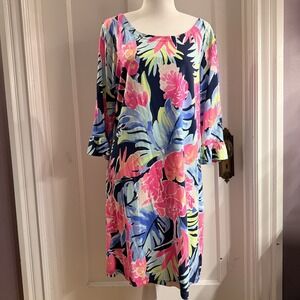 Lilly Pulitzer Dress Sophie UPF 50 Ruffle High Tide Navy Pink Tropicolada Sz L